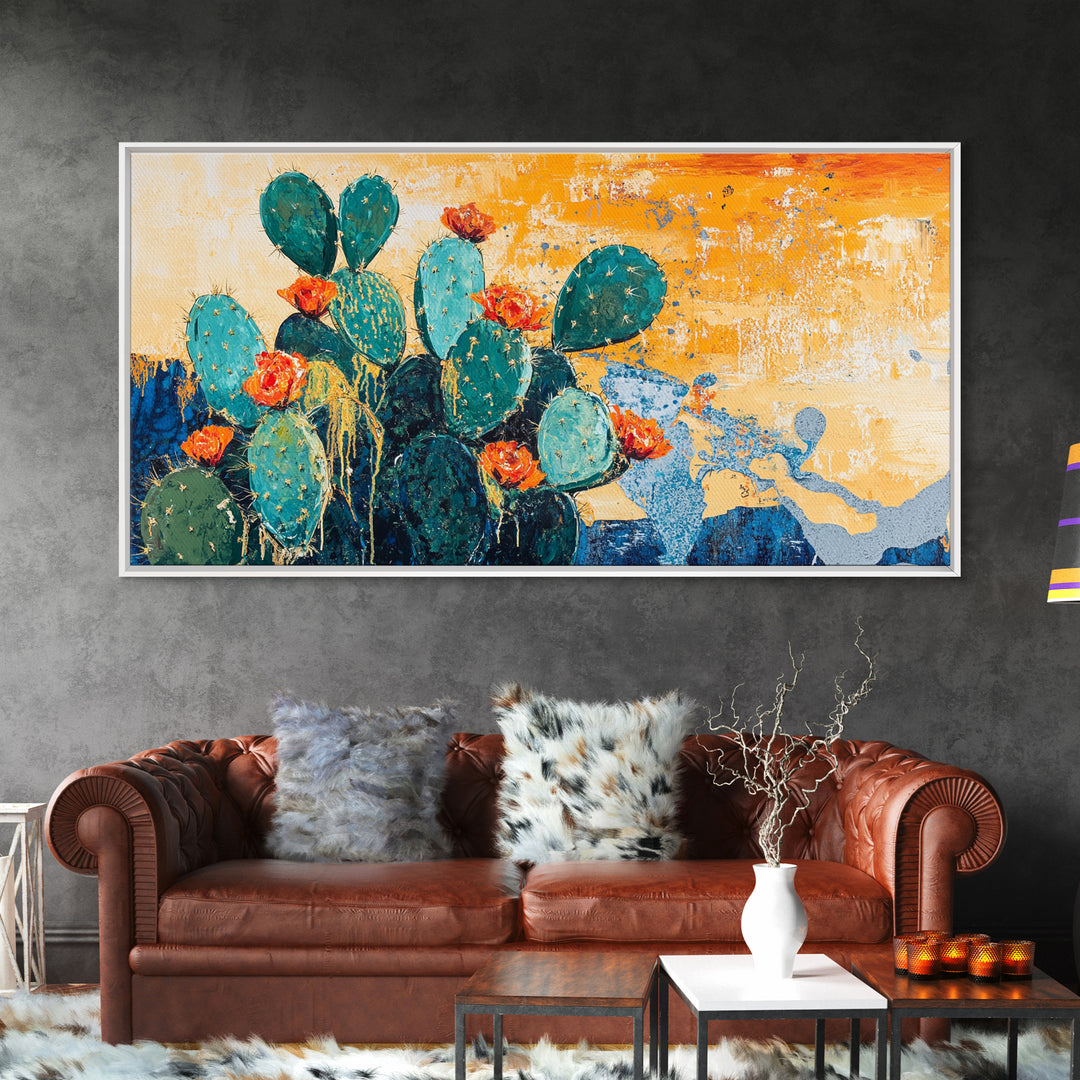 Cactus Painting, agave painting, southwest wall art, rustic decor, framed canvas print, desert painting, extra wide art, boho art