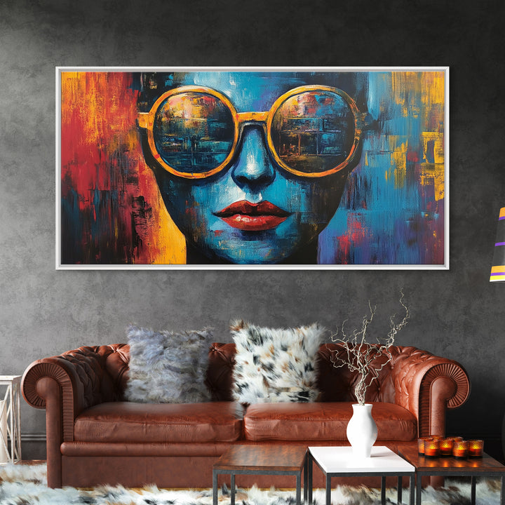 Bold Sunglasses Portrait, graffiti wall art, moody art, chicano art, abstract portrait, pop art decor, gift idea her, Canvas Print