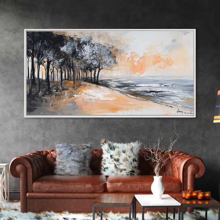 Coastal Landscape, Framed Canvas Print, beach painting, ocean wall art, panoramic painting, extra wide art, above sofa art