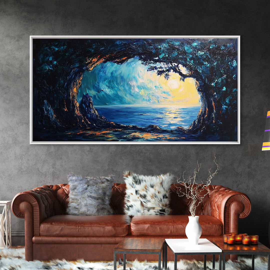 Ocean Cave, Framed Canvas Print, nautical wall art, coastal painting, extra wide painting, seascape painting, panoramic wall art