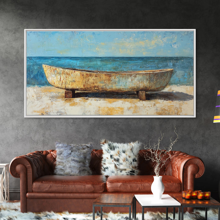 Rustic Boat, Framed Canvas Print, coastal wall art, nautical decor, rustic art, extra wide painting, panoramic painting