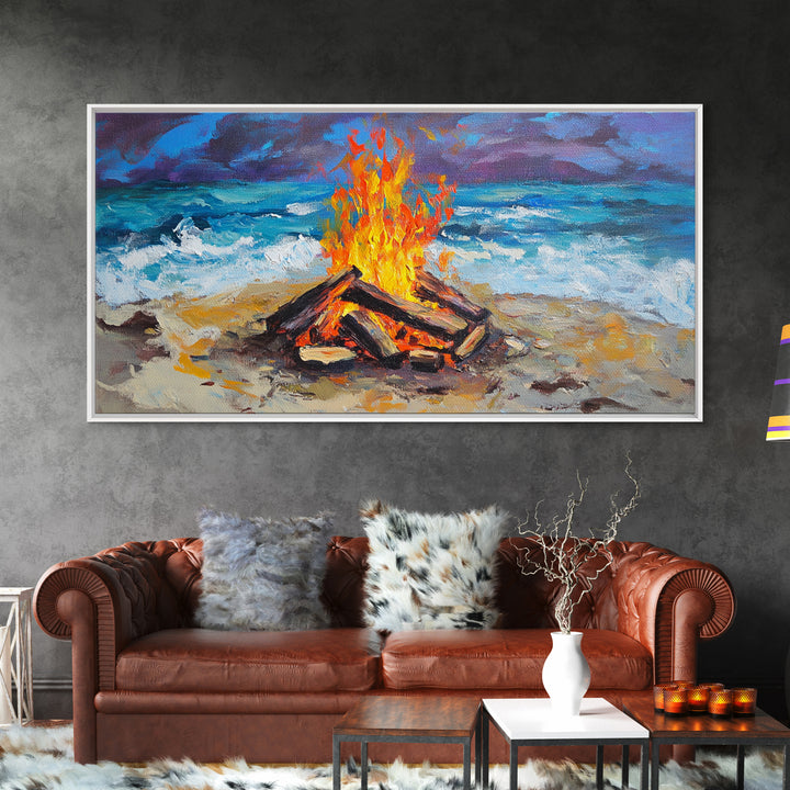 Beach bonfire, coastal decor, surf wall art, nautical painting, ocean fire, rustic wall art, horizontal wall art, canvas print, seascape