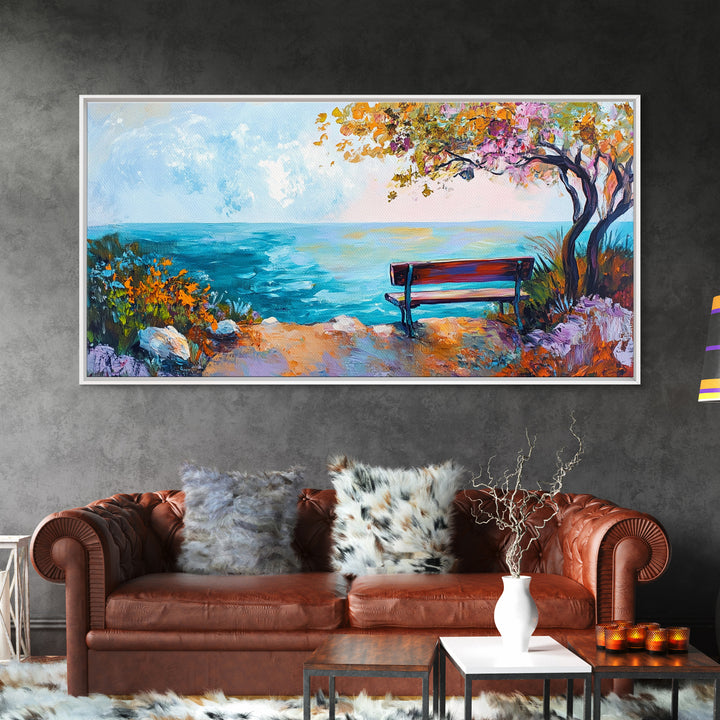 Bench, ocean view, autumn tree, Canvas Print, coastal landscape art, seascape painting, above bed wall art, extra wide art