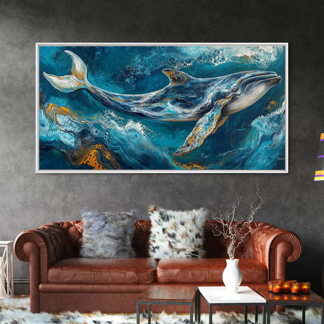 Blue whale, ocean waves, Canvas Print, whale painting, nautical decor, coastal wall art, seascape painting, extra wide art