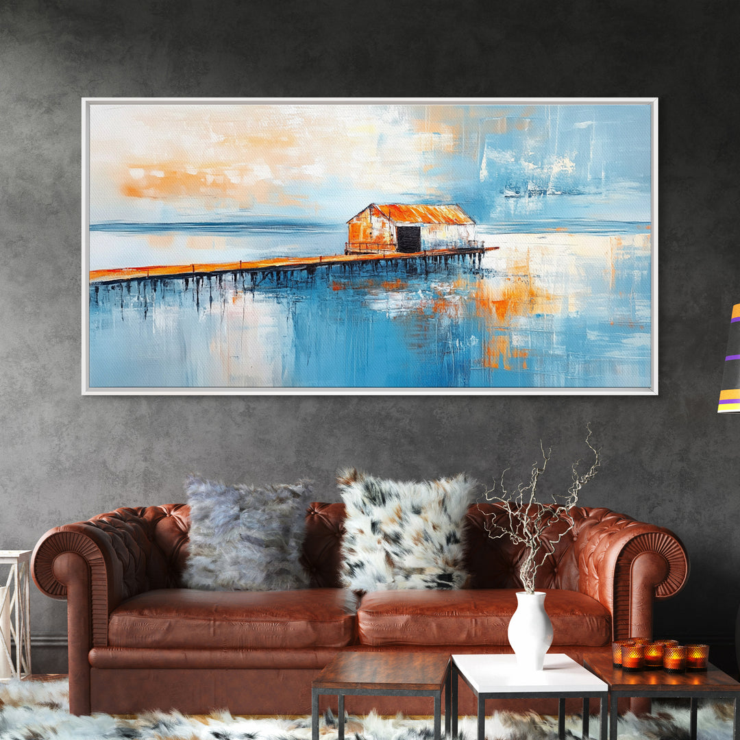 Dock, rustic barn, reflection, Canvas Print, barn landscape oil painting, coastal decor, nautical painting, panoramic art