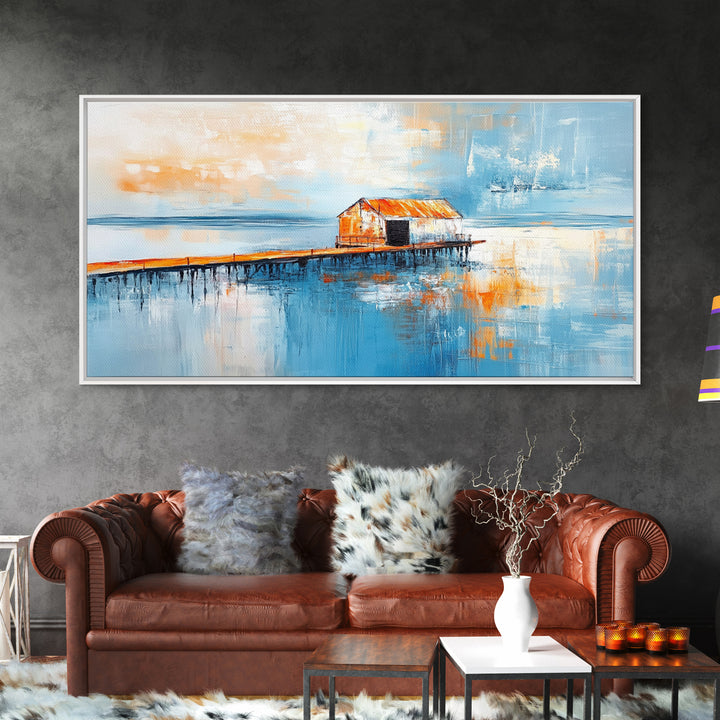 Dock, rustic barn, reflection, Canvas Print, barn landscape oil painting, coastal decor, nautical painting, panoramic art