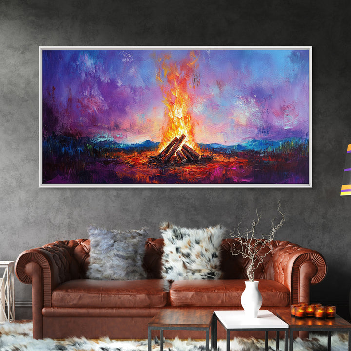 Campfire painting, rustic decor, boho art, mountain painting, cozy fire, scenic landscape, extra wide art, framed canvas print, warm glow