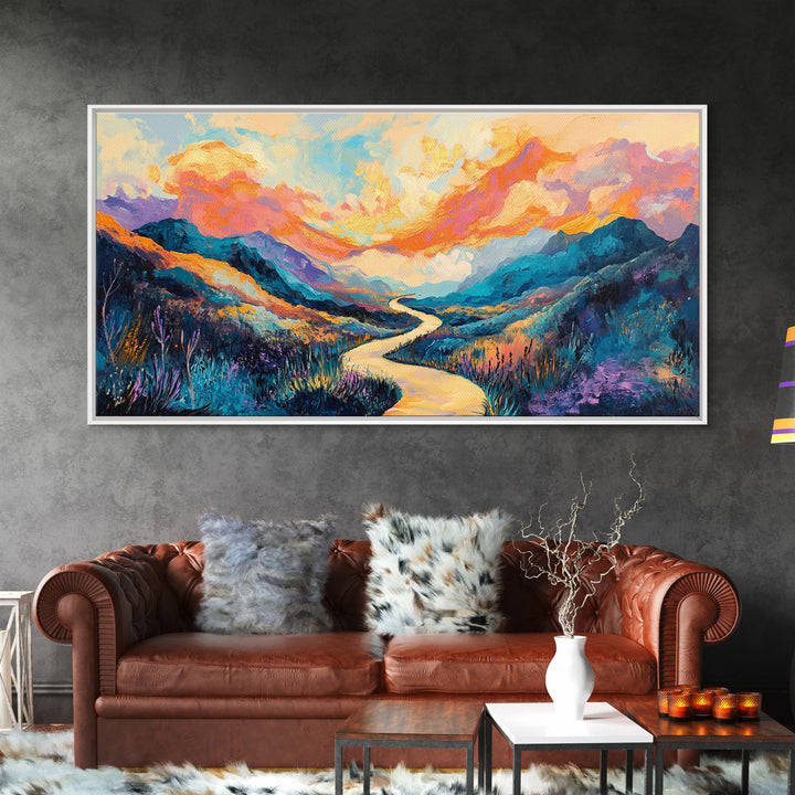 Abstract Landscape, Vibrant Sunset, Mountain Painting, Canvas Print, Extra Wide Art, Panoramic Art, Bedroom Art, Above Sofa Art
