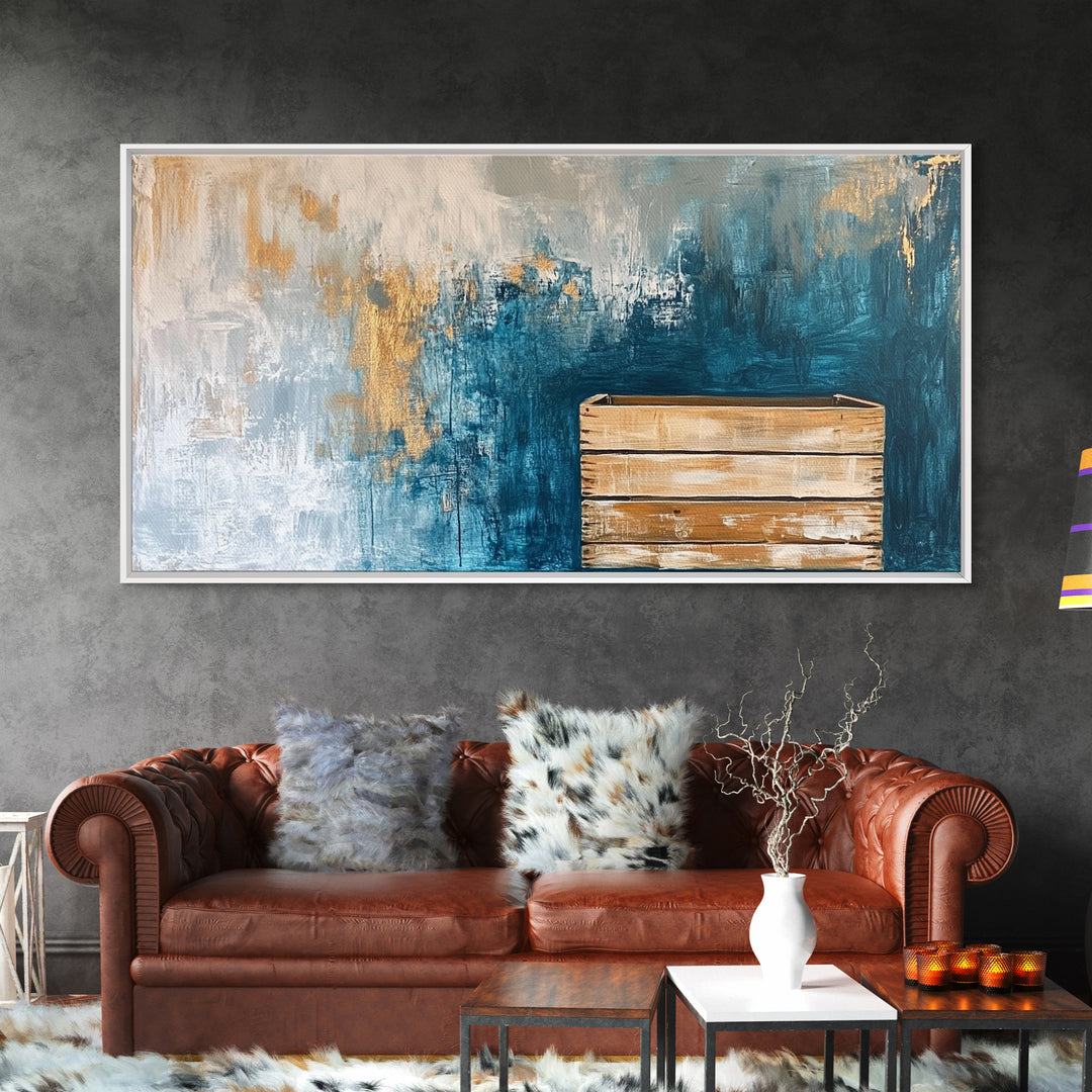 Abstract Rustic Art, Blue Gold Textured, Canvas Print, Wabi Sabi Art, Minimalist Art, Therapy Art, Extra Wide Art, Modern Decor