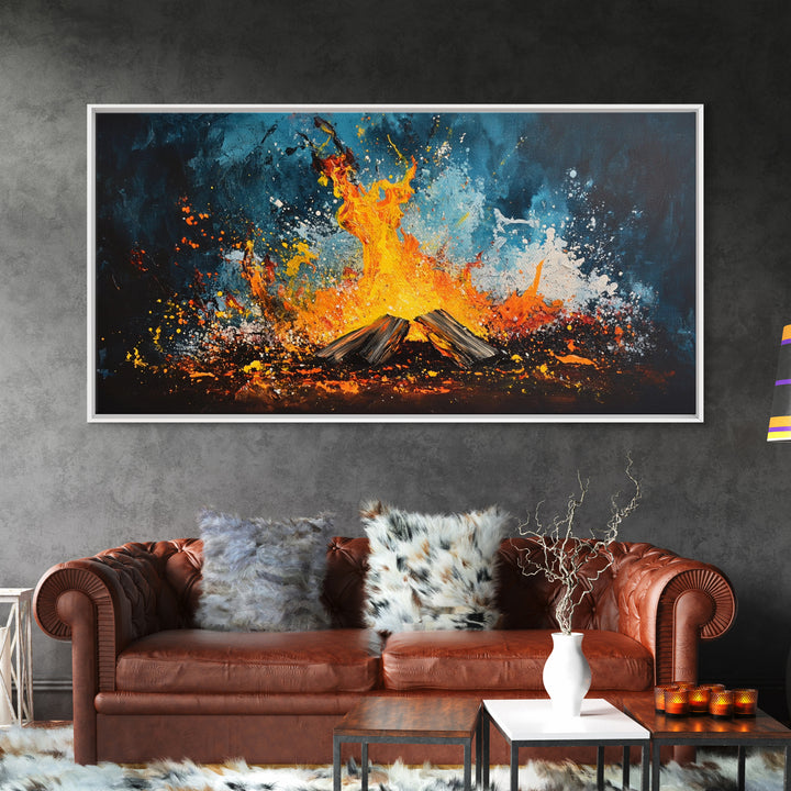 Abstract fire, moody art, geometric wall art, boho decor, flame painting, rustic wall art, extra wide art, framed canvas print, teal wall art