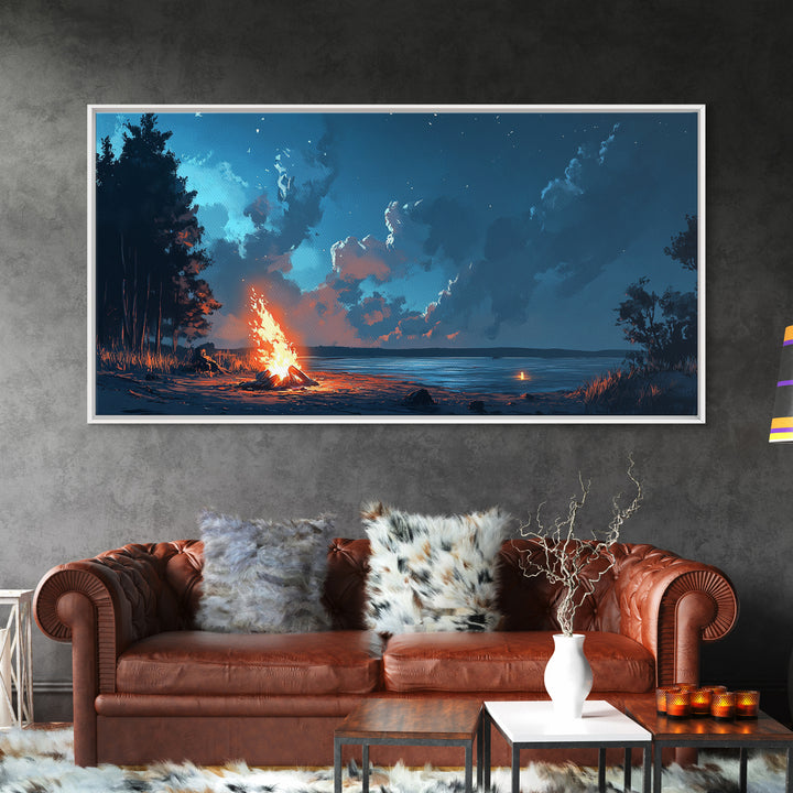 Campfire by lake, coastal decor, nautical wall art, scenic night, moody painting, extra wide art, panoramic art, canvas print, above sofa art