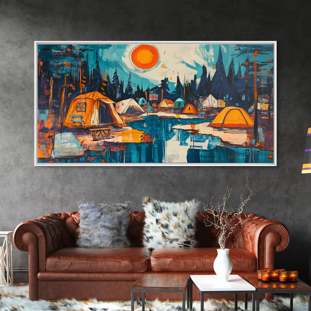 Camping painting, rustic wall art, pine tree art, mountain painting, nature lovers, warm glow, framed canvas print, wabi sabi art, moody art