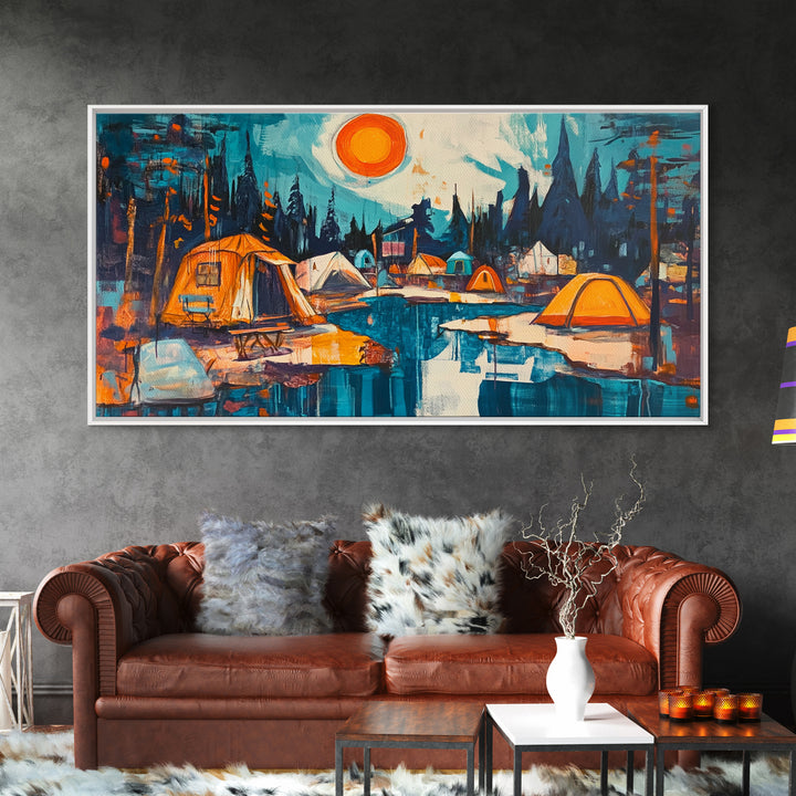 Camping painting, rustic wall art, pine tree art, mountain painting, nature lovers, warm glow, framed canvas print, wabi sabi art, moody art