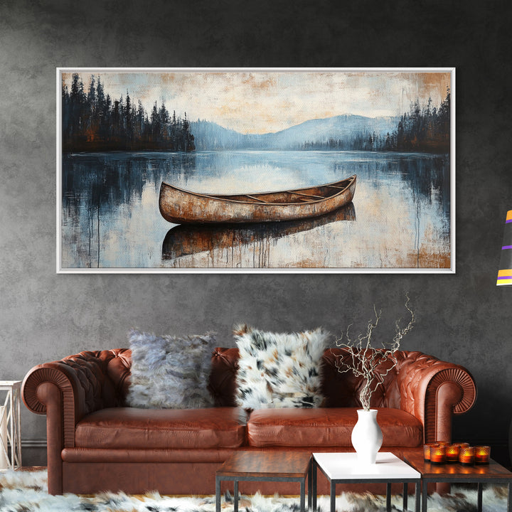 Canoe painting, lake decor, mountain painting, rustic wall art, serene landscape, farmhouse art, extra wide art, framed canvas print, nautical