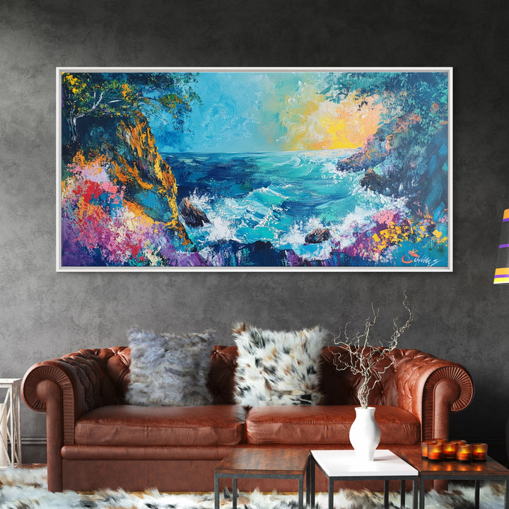 Coastal Cliff, vibrant ocean painting, surf wall art, Hawaii art, seascape painting, colorful beach art, Framed Canvas Print, extra wide art
