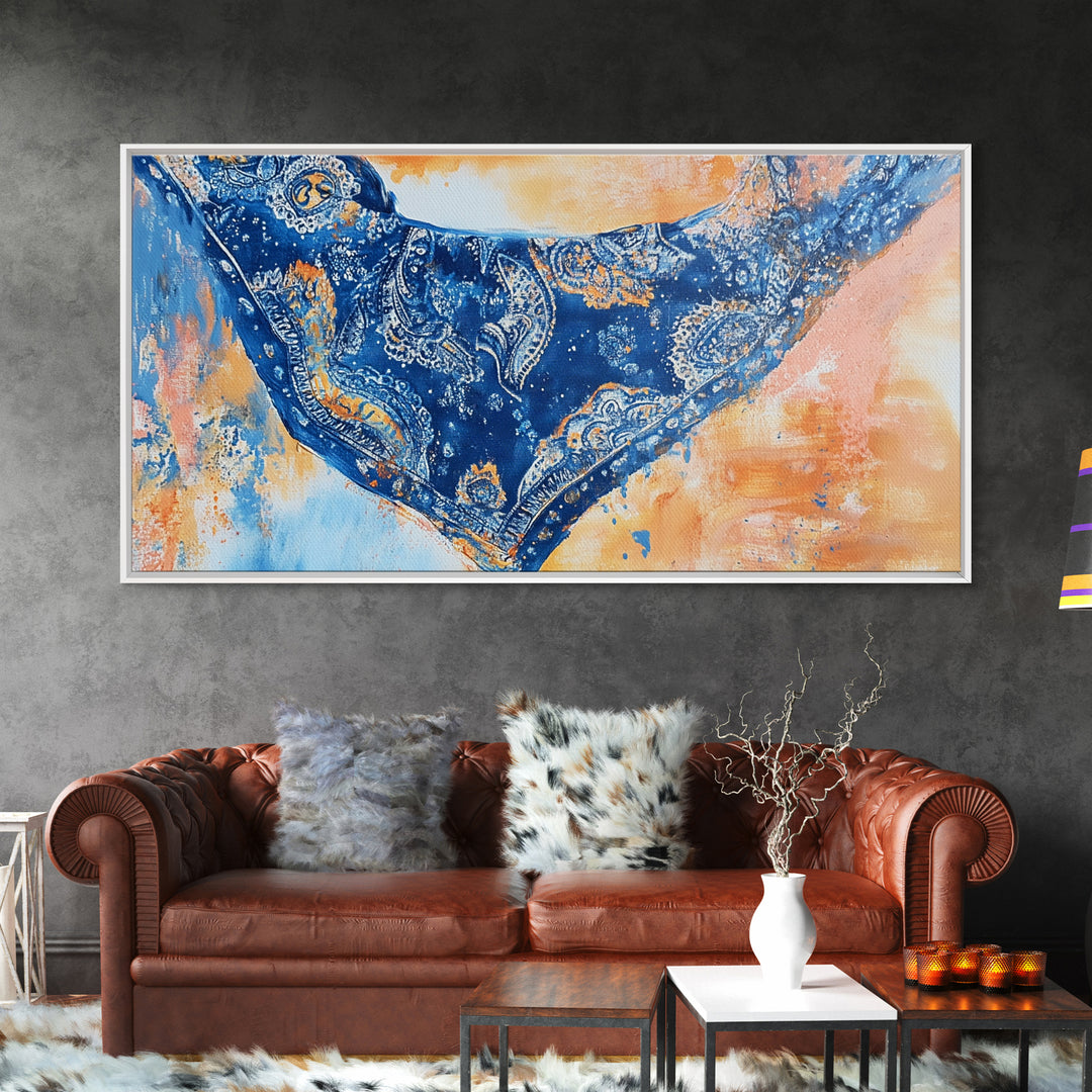 Bandana Print, Blue Wall Art, Vintage Art, Southwestern Art, Chinoiserie Wall Art, Extra Wide Art, Framed Canvas Print, Above Couch Art