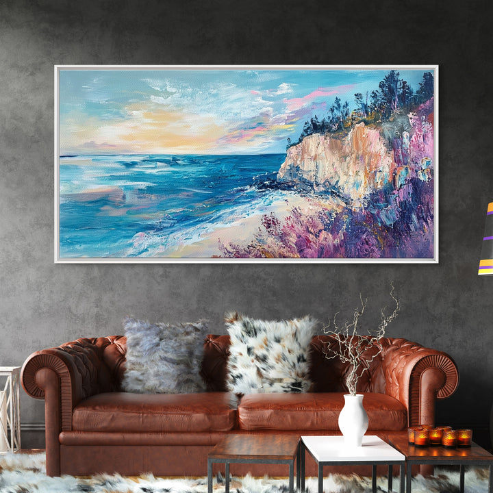 Coastal Cliffs, Sunset Ocean View, Seascape Wall Art, Coastal Landscape Art, Nautical Decor, Framed Canvas Print, Extra Wide Art