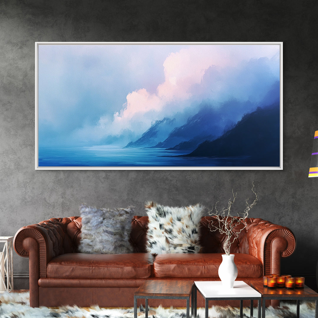 Blue Mountain Mist, Moody Landscape, Coastal Landscape Art, Minimalist Art, Extra Wide Art, Framed Canvas Print, Living Room Art