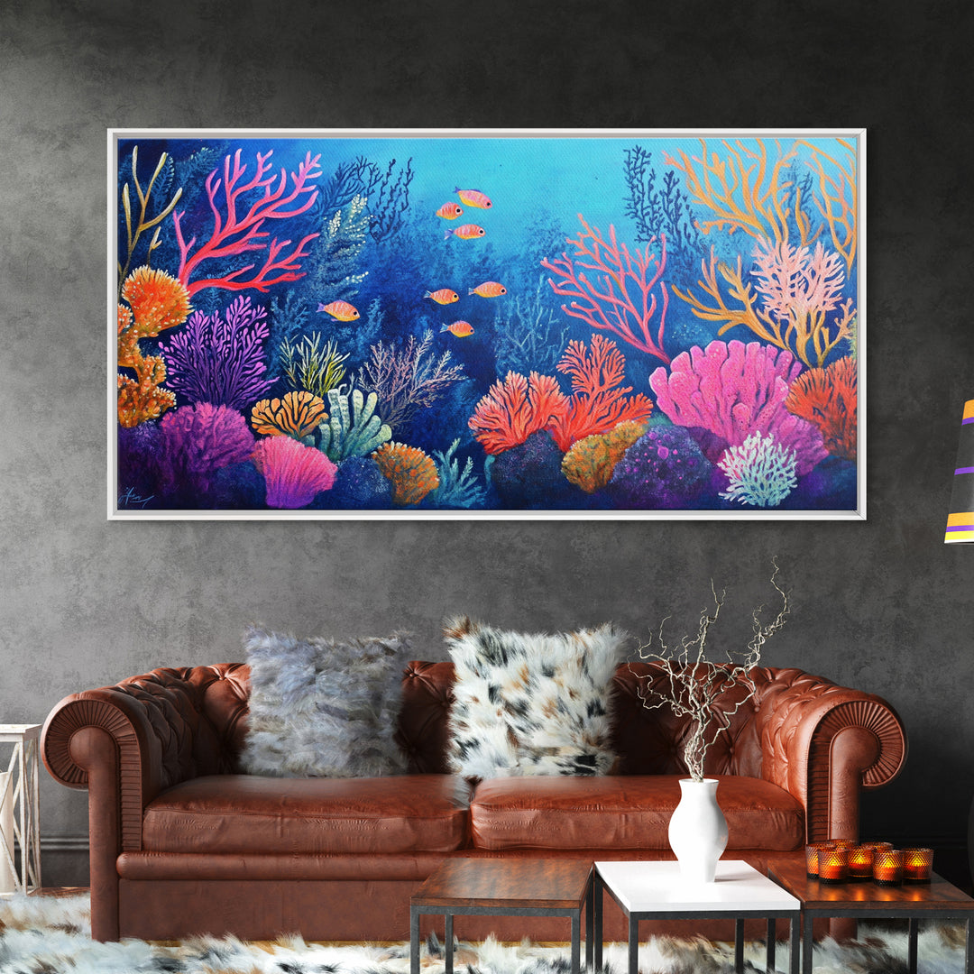 Coral Reef, ocean painting, whimsical art, koi fish painting, marine life art, vibrant wall art, coastal decor, Framed Canvas Print