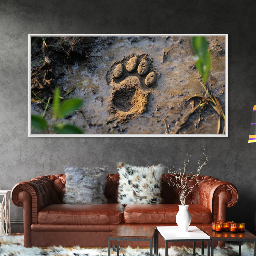 Animal Paw Print, rustic decor, moody art, nature painting, wildlife art, earthy tones, textured wall art, Framed Canvas Print