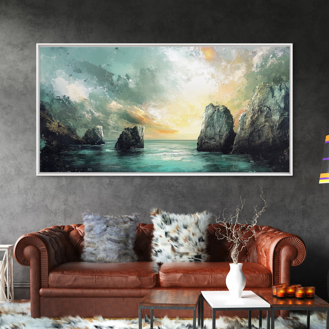 Ocean Cliffs, landscape painting, nautical wall art, moody art, wabi sabi art, extra wide art, textured art, Framed Canvas Print