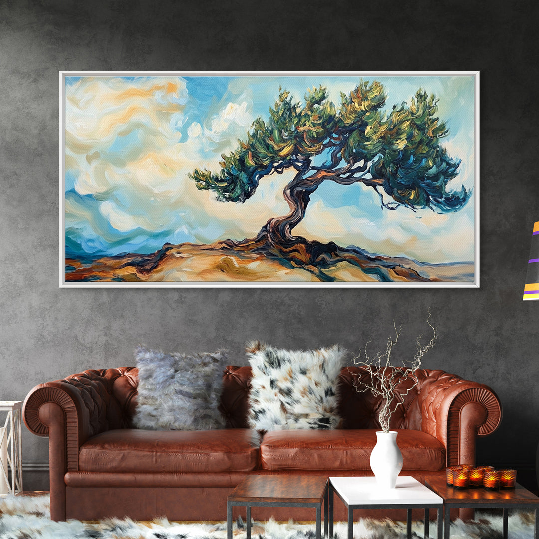 Oak Tree Art, Landscape Painting, Windy Tree Art, Wabi Sabi Art, Rustic Wall Art, Nature Wall Art, Living Room Art, Framed Canvas Print