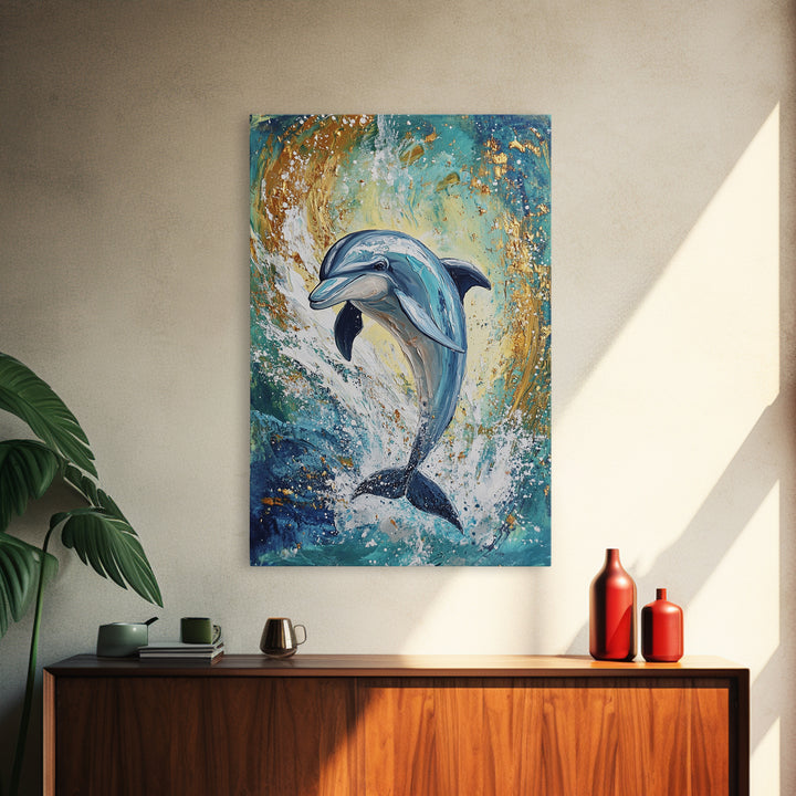 Dolphin, ocean painting, coastal wall art, nautical painting, framed canvas print, blue and green wall art, sea life decor