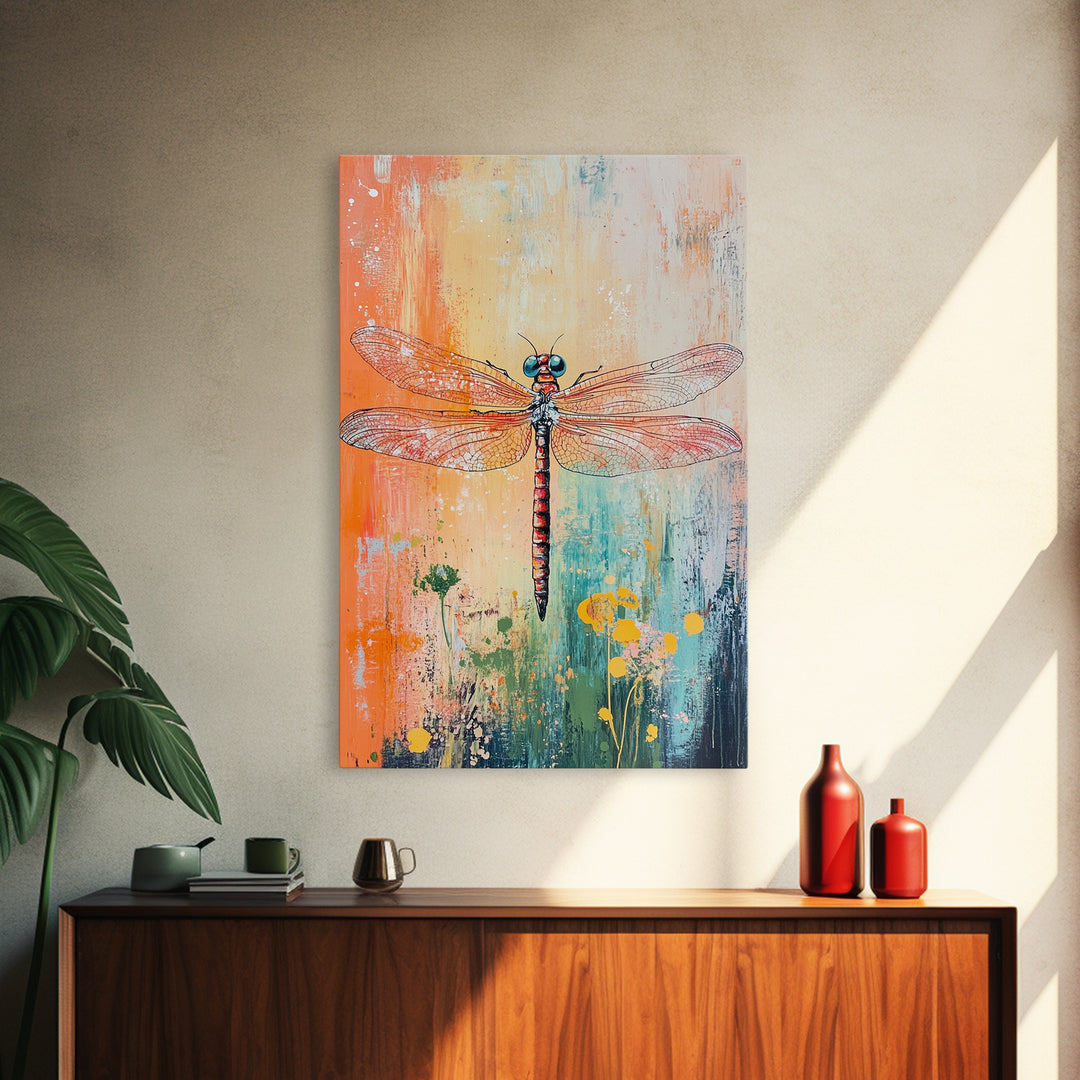 Dragonfly, botanical prints, whimsical art, light pink wall art, framed canvas print, nature art, boho decor, insect artwork