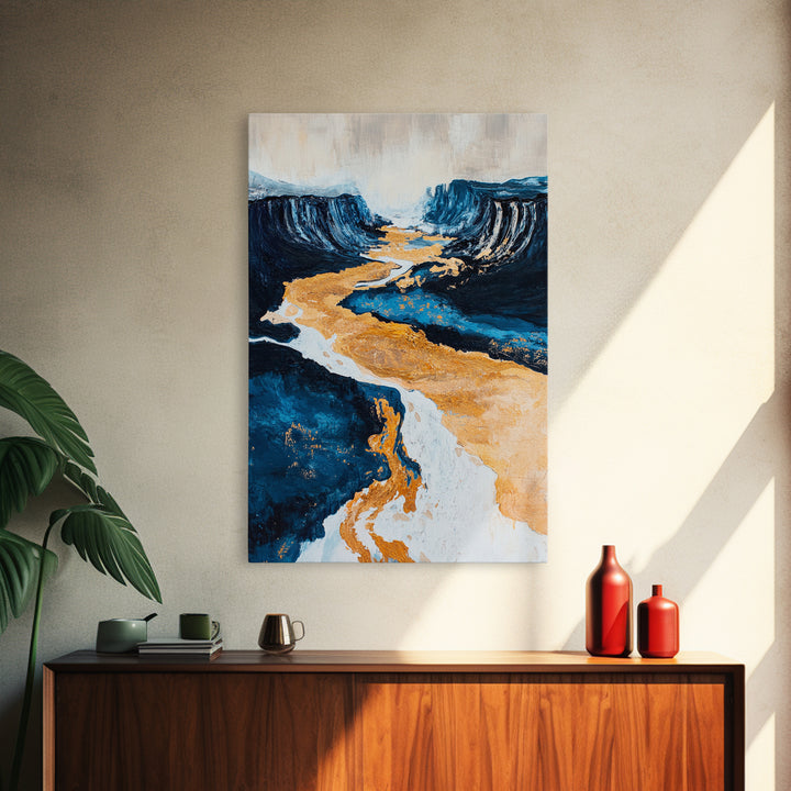 River, landscape painting, panoramic painting, wabi sabi art, framed canvas print, extra wide art, moody art, gold abstract art