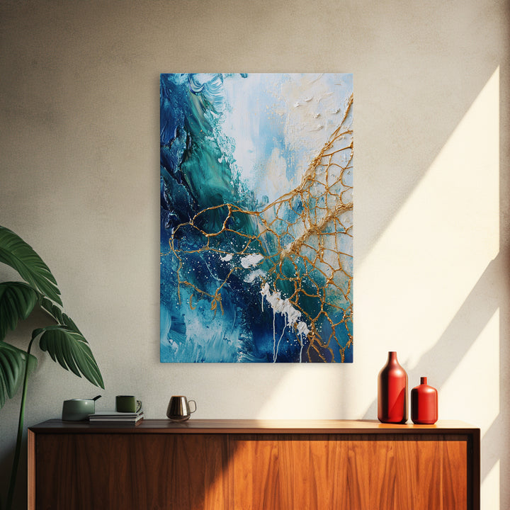 Abstract Ocean Painting, Coastal Wall Art, Blue and Gold Art, Nautical Decor, Contemporary Seascape, Canvas Print