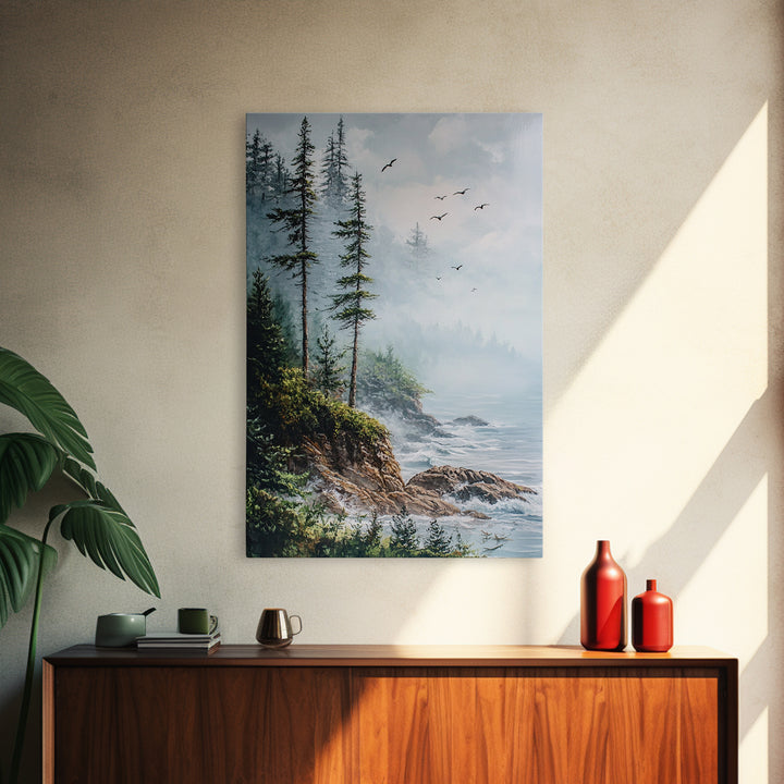 Coastal Cliff, ocean waves, pine tree art, landscape painting, coastal wall art, rustic decor, framed canvas print, nautical art