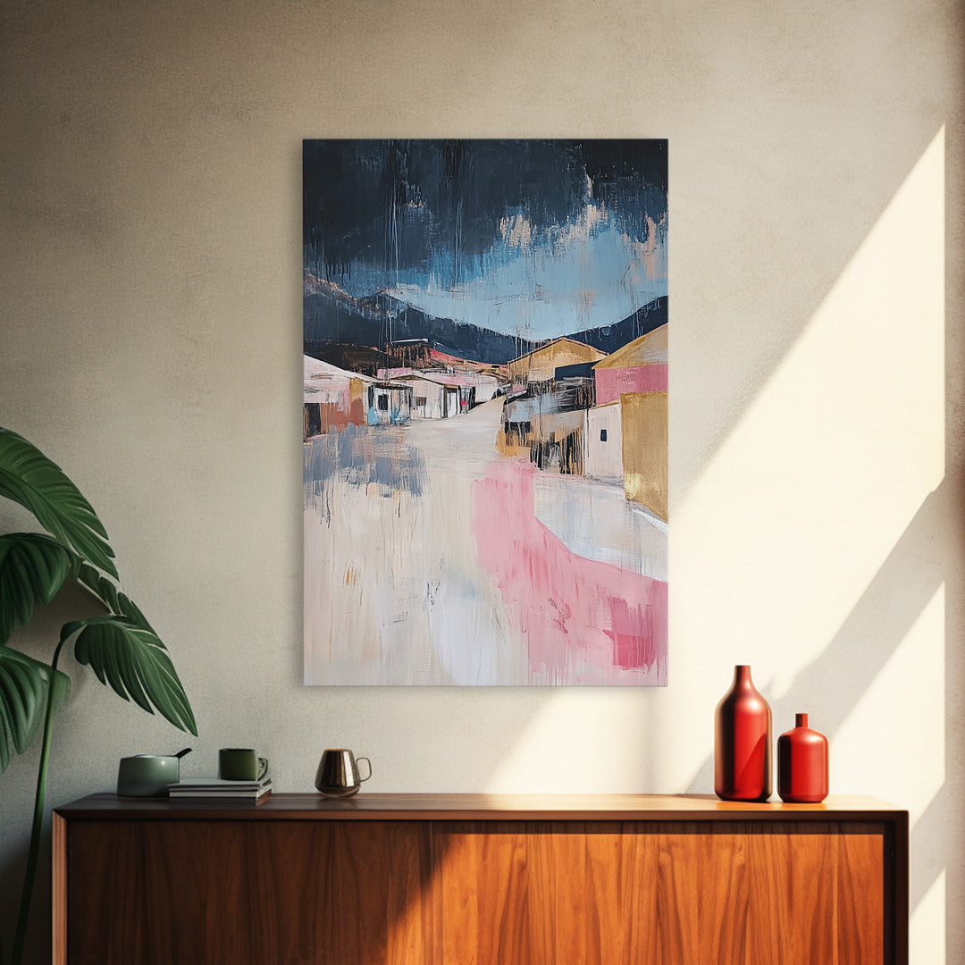 Desert Village, southwest wall art, moody art, warm tones, rustic decor, Joshua tree art, framed canvas print, abstract landscape