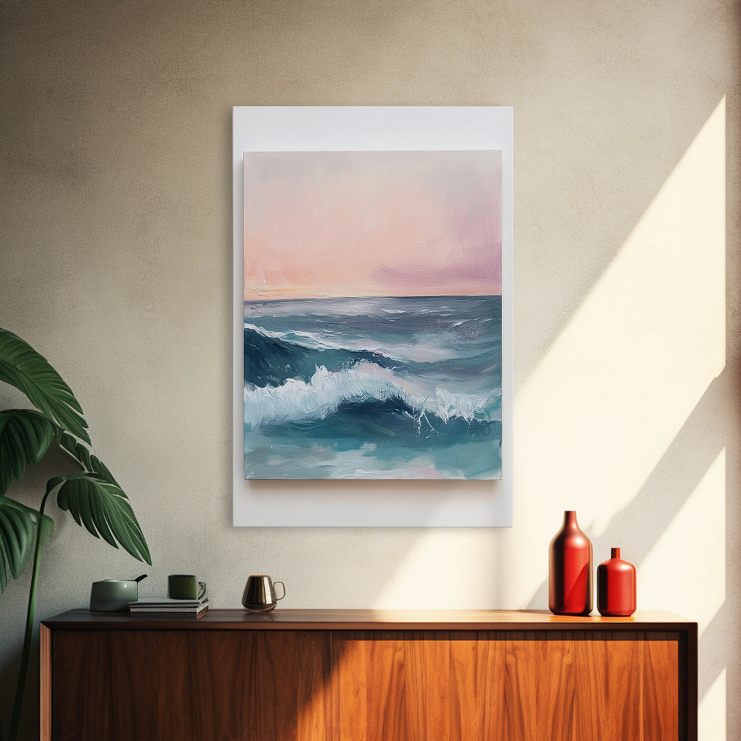 Ocean Sunset Waves, coastal decor, nautical painting, pink orange wall art, coastal landscape art, Canvas Print