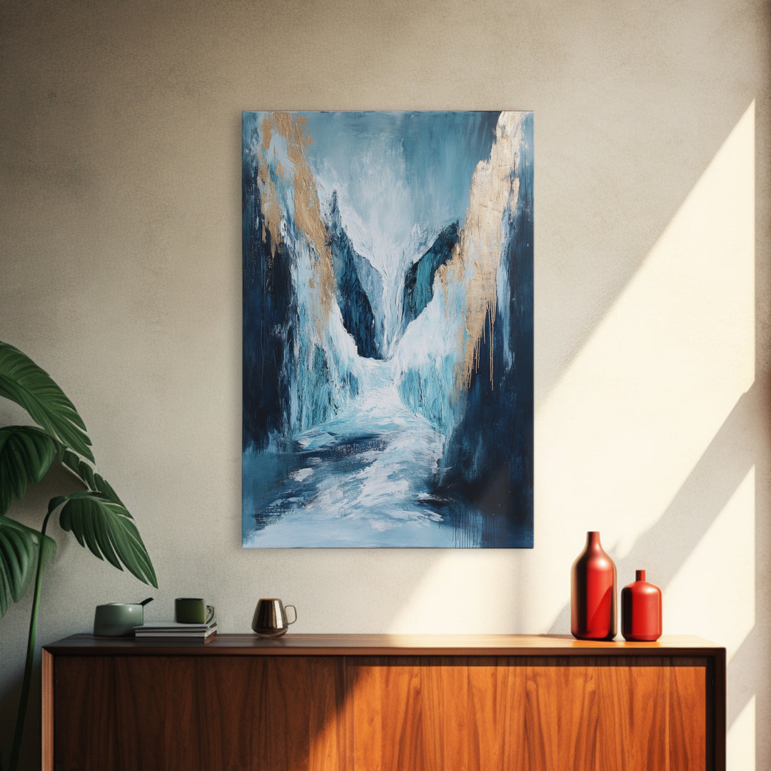 Abstract Glacier, wabi sabi art, zen wall art, blue and green wall art, minimalist art, Framed Canvas Print