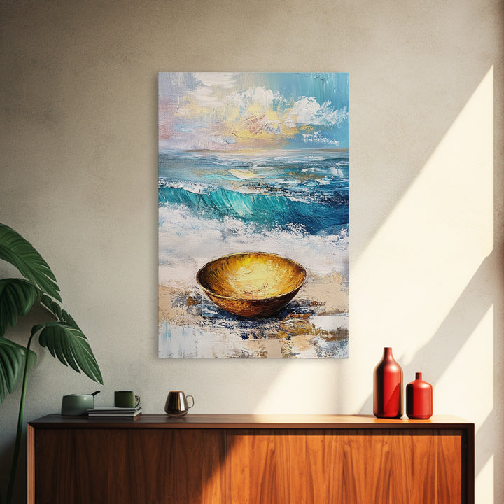 Ocean and Golden Bowl, coastal decor, nautical wall art, rustic wall art, abstract painting, seascape painting, Canvas Print