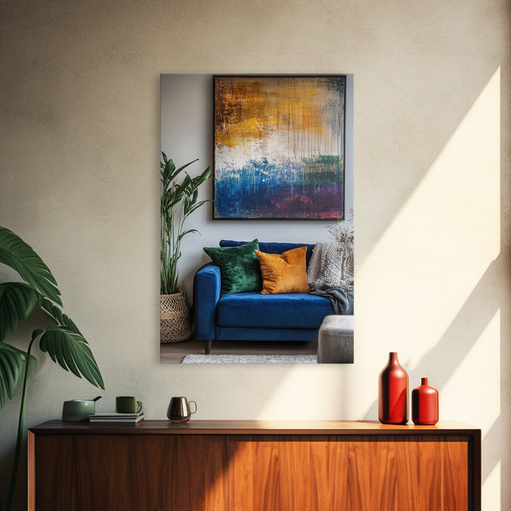 Abstract Color Drip, moody art, pink orange wall art, geometric wall art, bold living room art, Framed Canvas Print