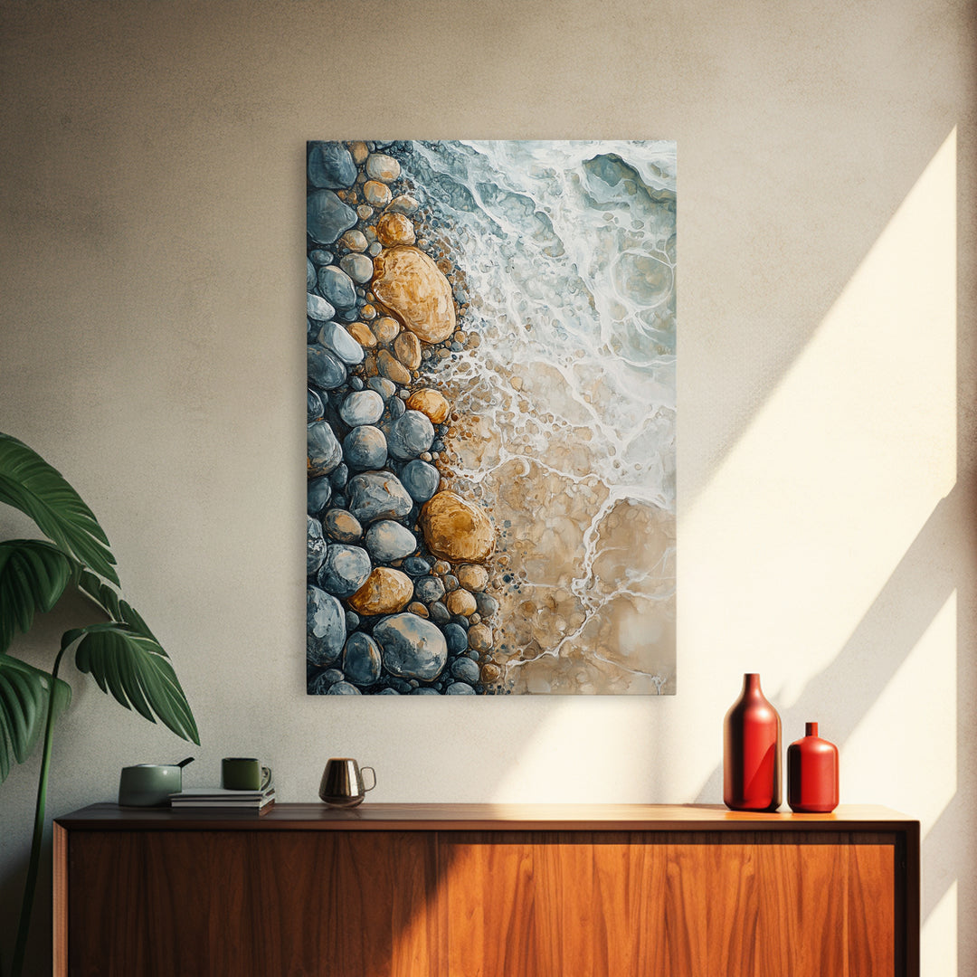 Ocean Shore Rocks, coastal wall art, surf wall art, beach house decor, nautical wall art, boho art, Framed Canvas Print