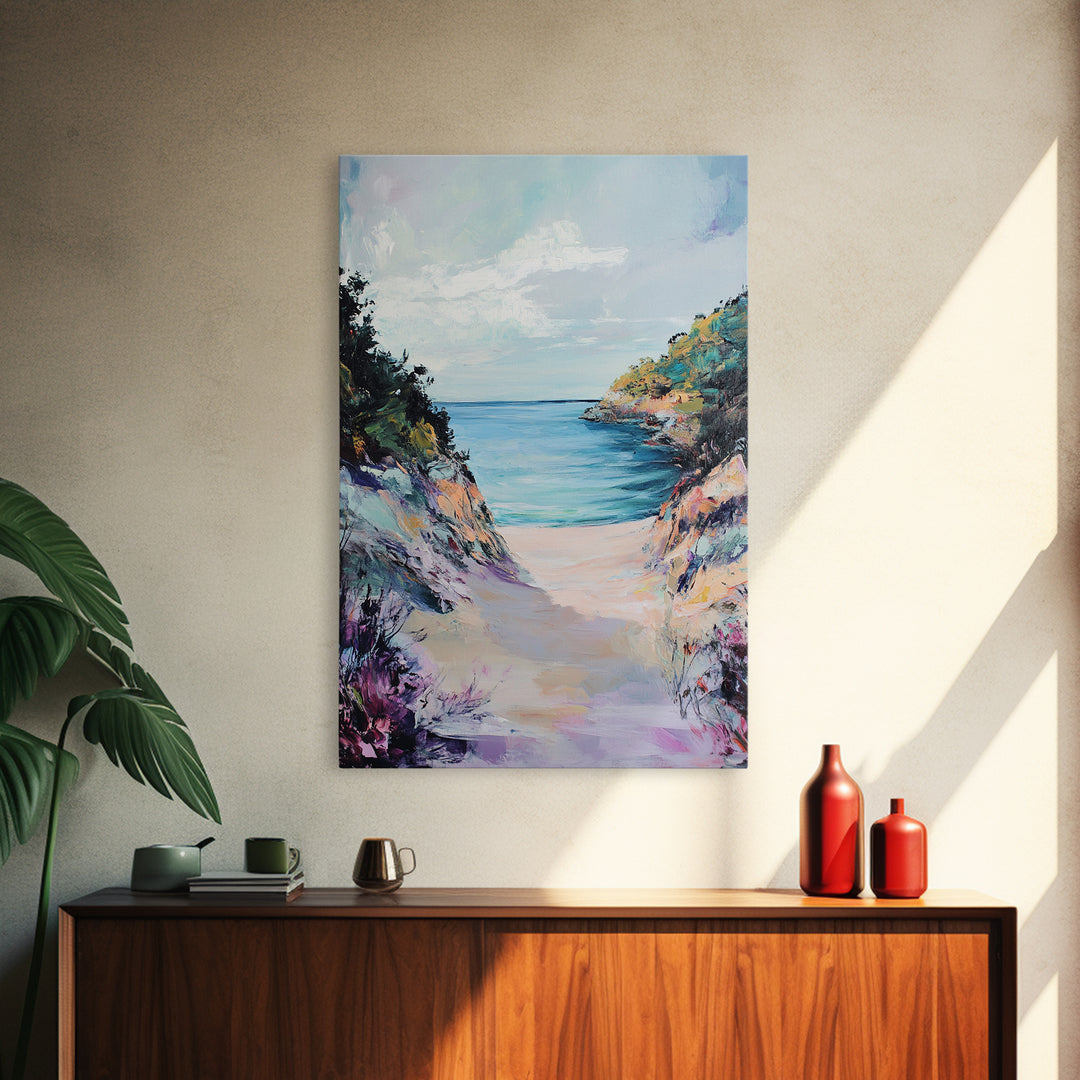 Coastal Cliff Path, coastal wall art, beach house decor, landscape painting, tropical wall art, Hawaii art, Canvas Print