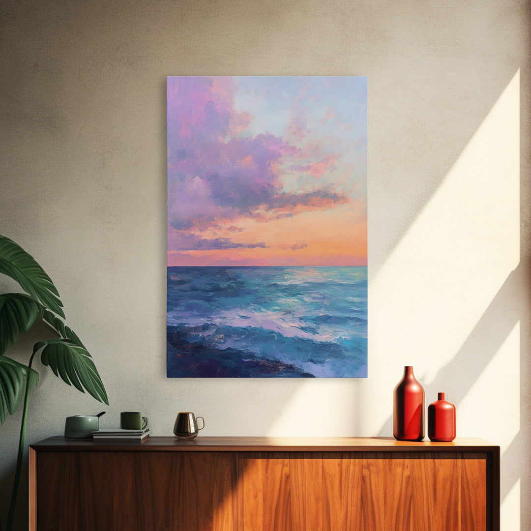 Ocean Sunset View, coastal landscape art, pink orange wall art, seascape painting, framed canvas print, bedroom art, nautical decor