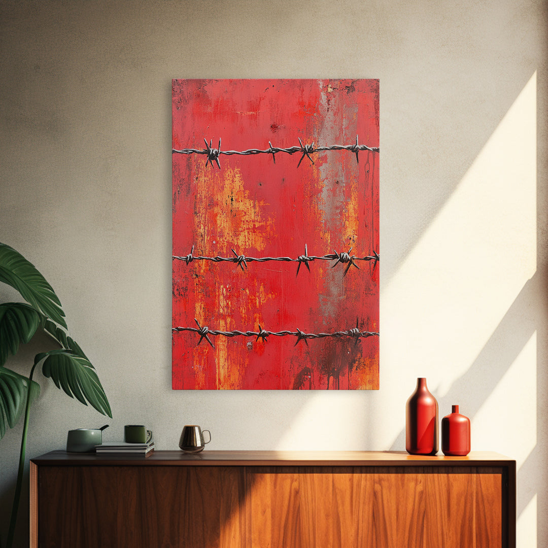 Barbed Wire, Chicano Art, Industrial Wall Art, Rustic Decor, Moody Art, Red Abstract Art, Framed Canvas Print, Gift Idea