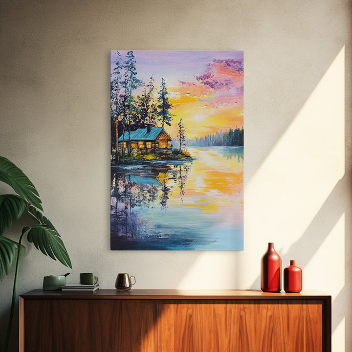 Cabin, Lake, Sunset, Framed Canvas Print, landscape painting, rustic wall art, above bed wall art, pine tree art, above sofa art