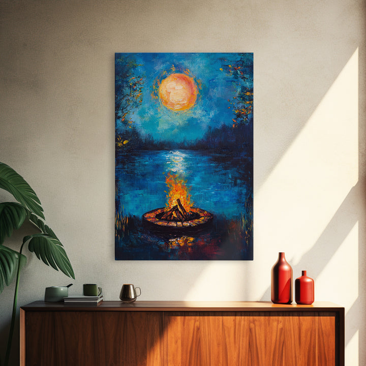 Campfire, Moonlight, Reflection, Framed Canvas Print, landscape painting, moody art, rustic wall art, blue and green wall art, bedroom art