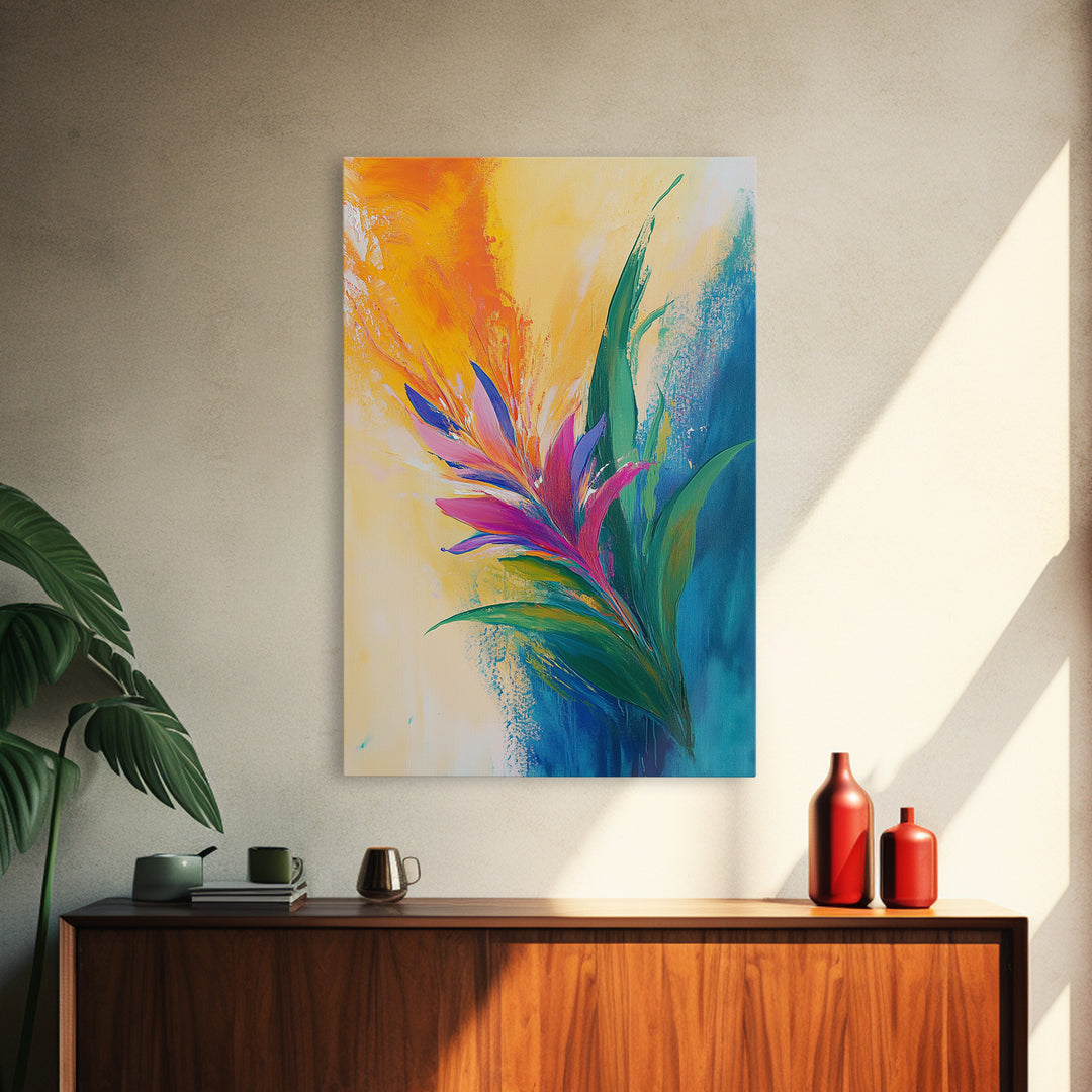 Bird of Paradise, Floral, Vibrant, Framed Canvas Print, botanical prints, tropical art, wildflower painting, boho art, pink orange wall art