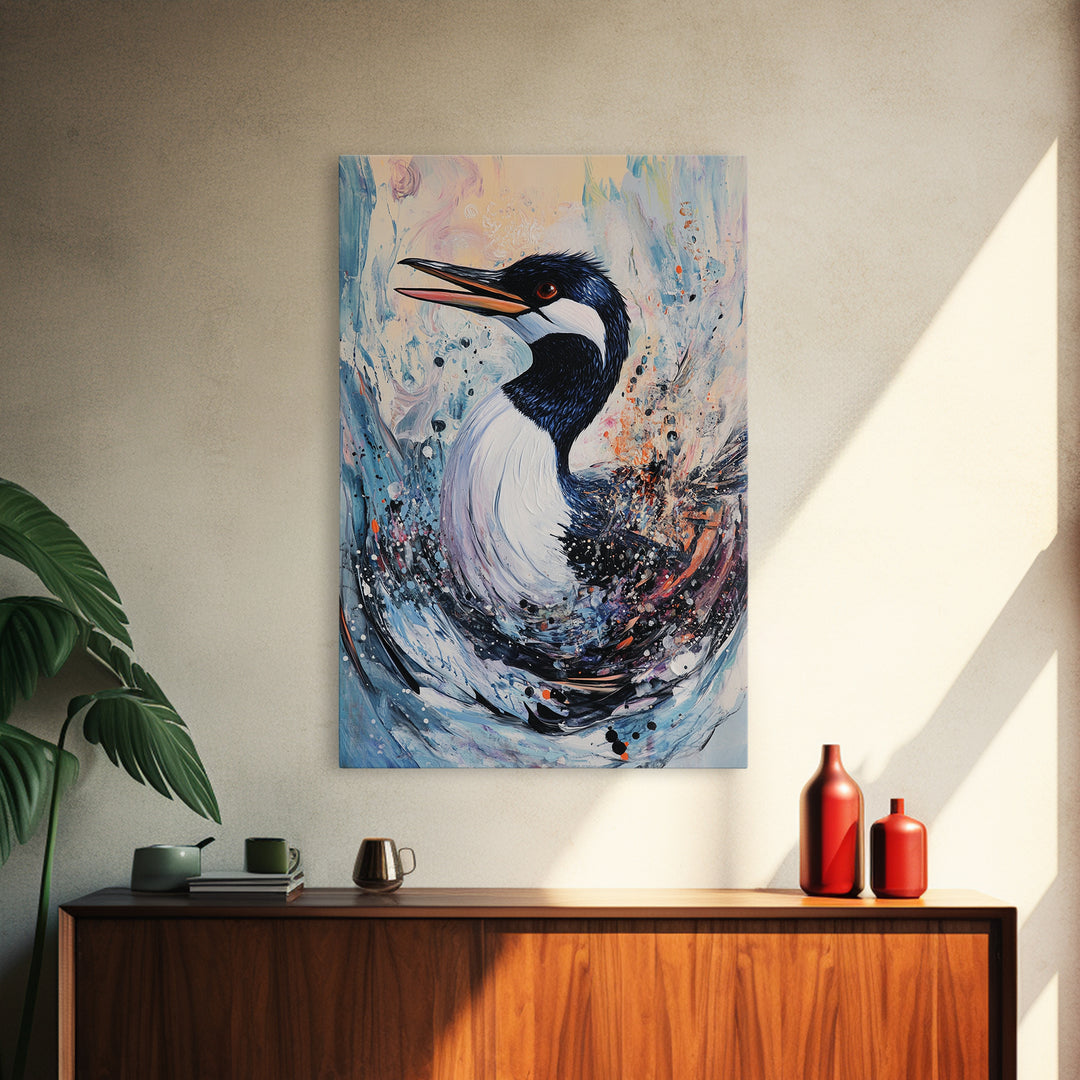 Abstract Loon, bird art, teal wall art, moody art, coastal decor, nautical painting, gift idea for her, Canvas Print, living room art