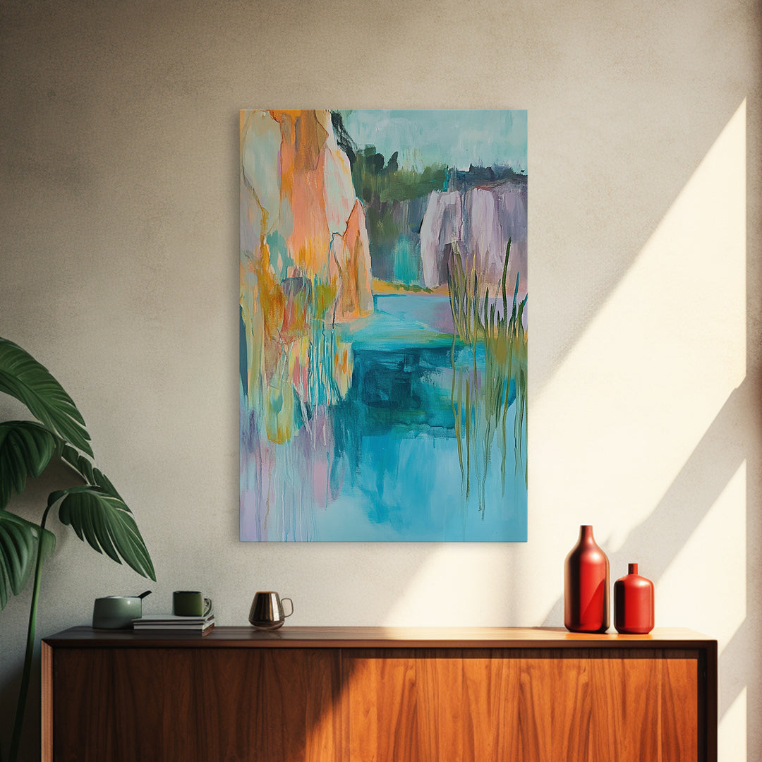 Abstract Landscape, blue and green wall art, horizon painting gray white, rustic art, gift idea for her, Framed Canvas Print