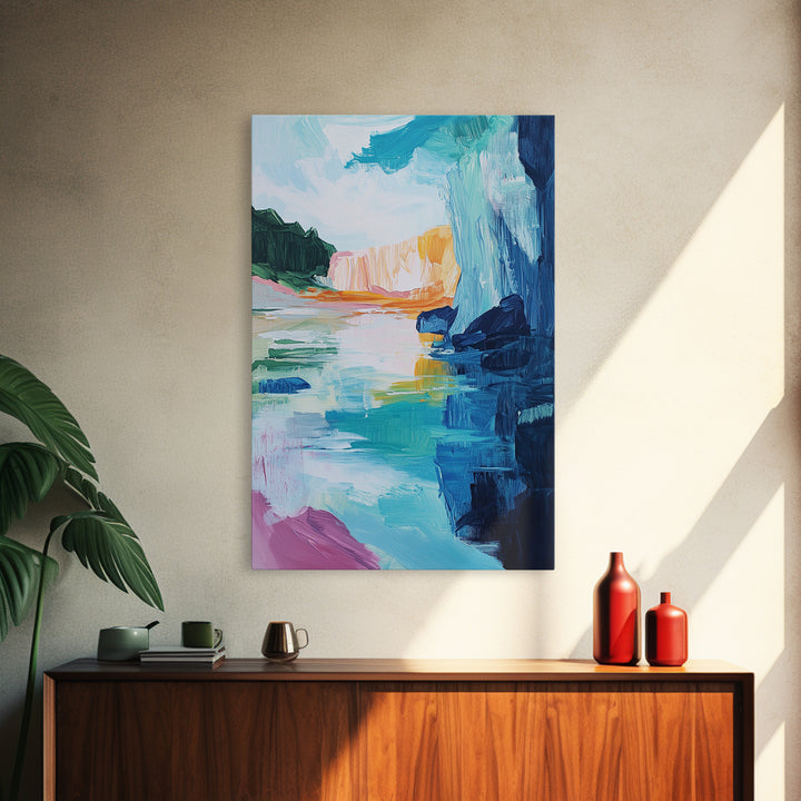 Canyon Lake, landscape painting, southwest wall art, moody art, blue and green wall art, extra wide art, Canvas Print, seascape painting