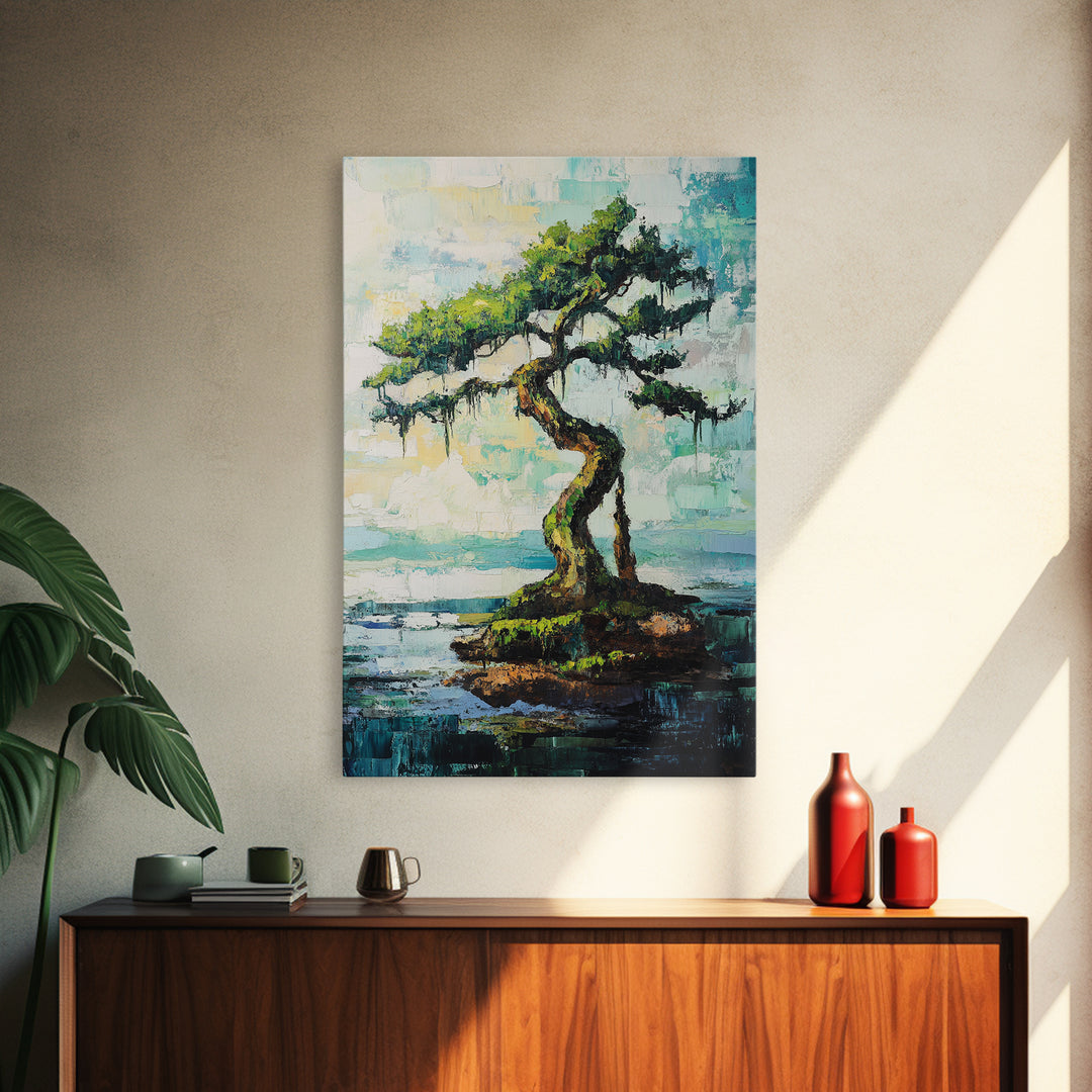 bonsai tree painting, zen wall art, coastal landscape art, blue and green wall art, wabi sabi art, Framed Canvas Print, botanical prints