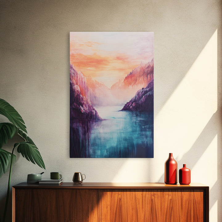 coastal decor, mountain painting, pink orange wall art, sunrise painting, landscape painting, Framed Canvas Print, abstract wall art