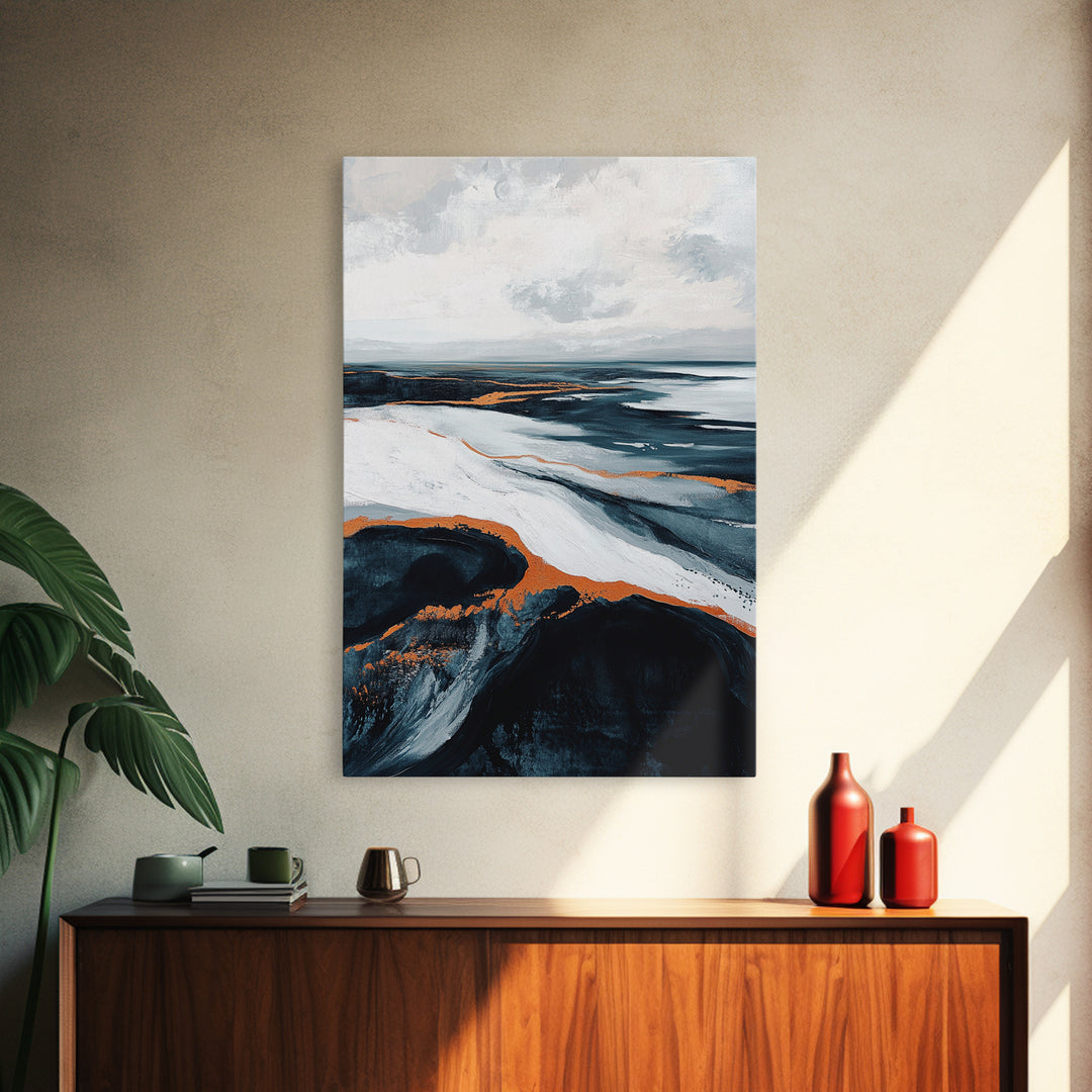 abstract seascape painting, blue and green wall art, modern coastal decor, wabi sabi art, Framed Canvas Print, extra wide art, moody art