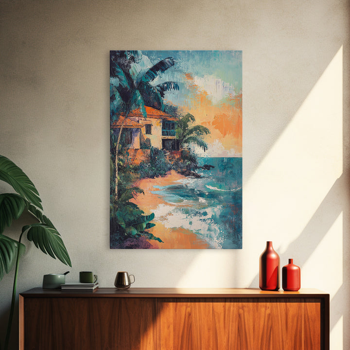 Coastal House, Tropical Art, Nautical Wall Art, Seascape Painting, Canvas Print, Palm Tree Art, Rustic Decor, Coastal Cowgirl Wall Art